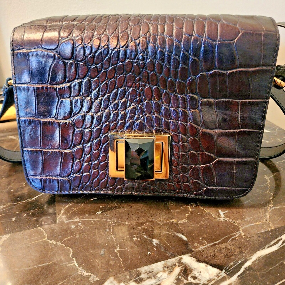 Badgley Mischka Leather Handbag Metallic Brown/Black Croc Embossed Look - Picture 5 of 12